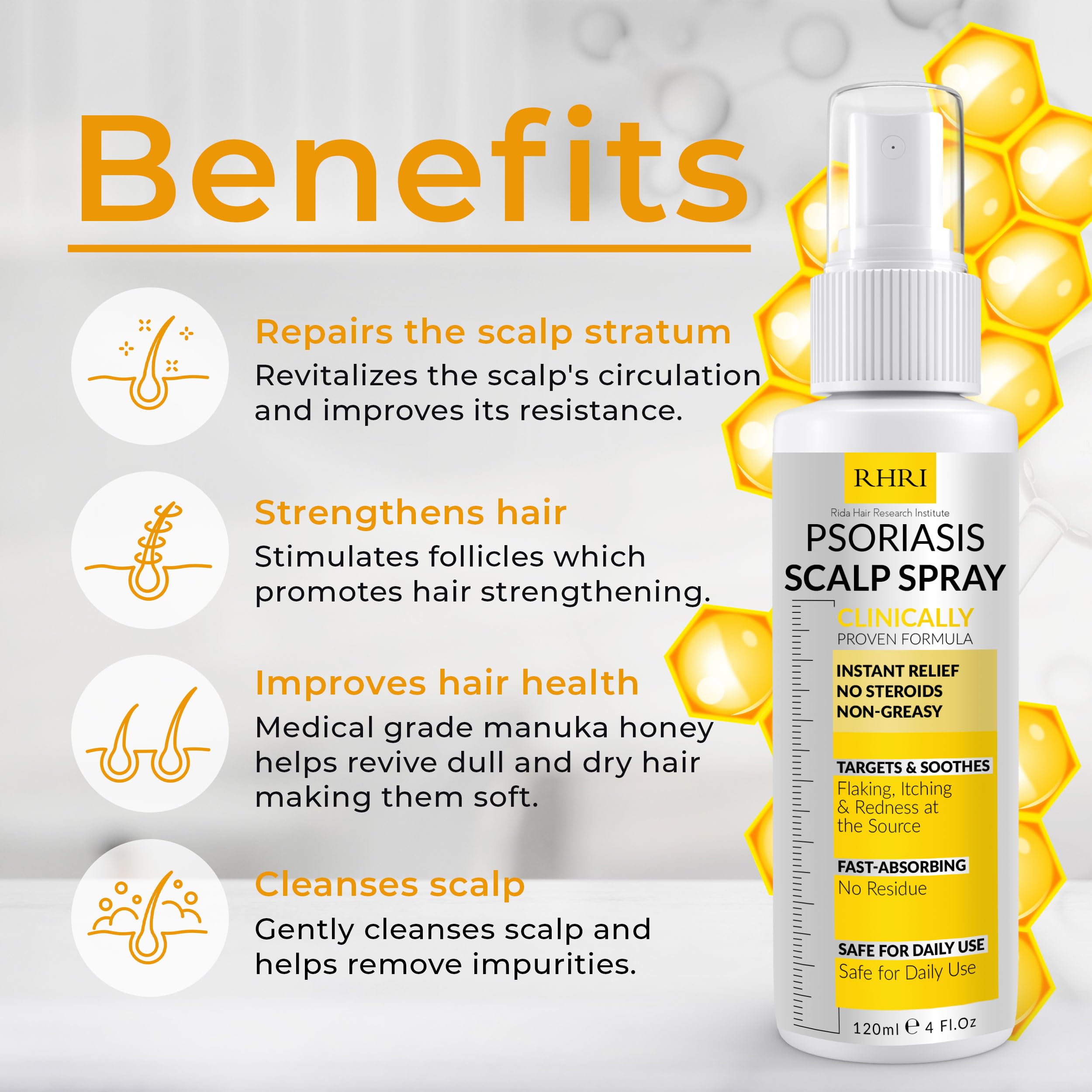 Rida Psoriasis Scalp Spray nozzle showing easy, mess-free application.