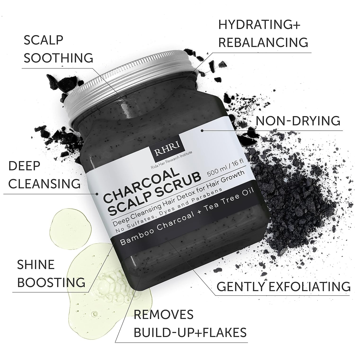 Rida Charcoal Scalp Scrub exfoliates dead skin for a refreshed scalp