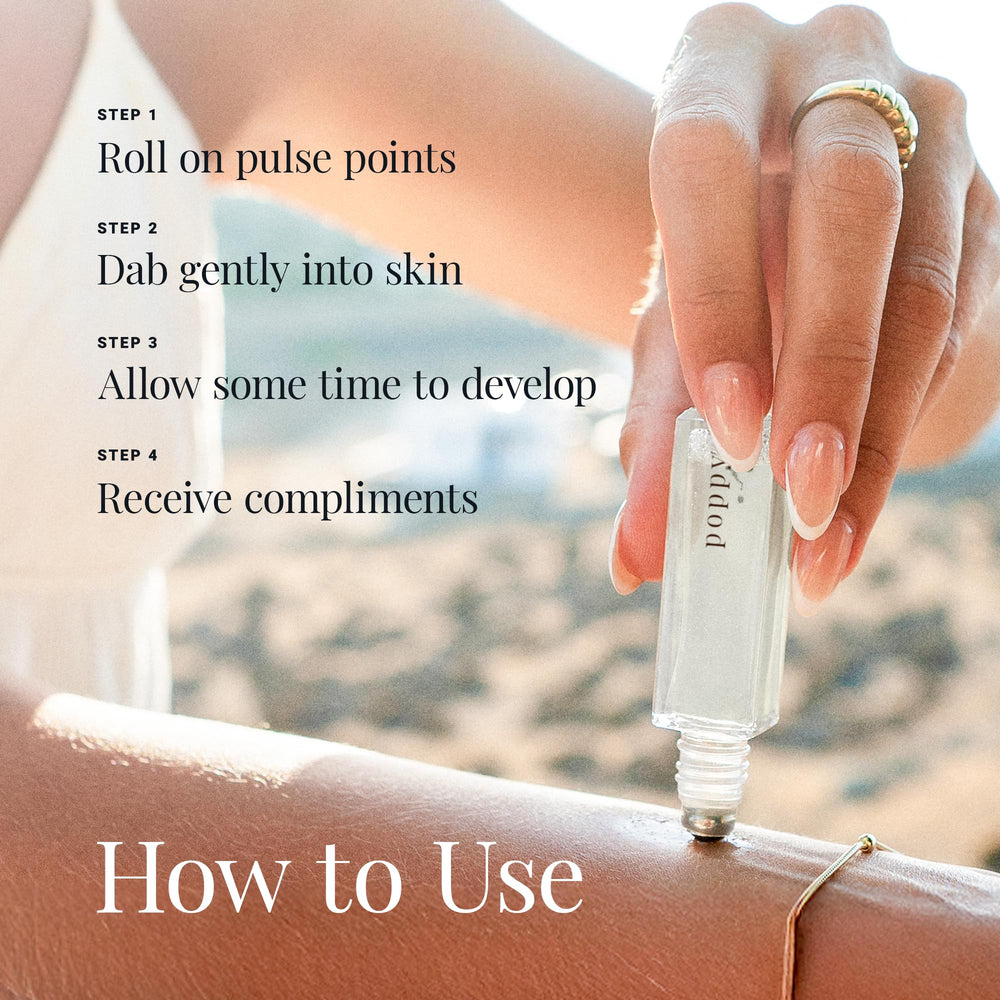 Riddle Poppy Roll-On compact bottle fits in purse for on-the-go scent.