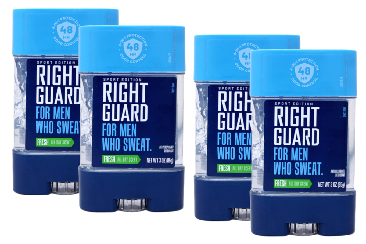 Right Guard Sport clear gel front pack shows long-lasting freshness for active days.