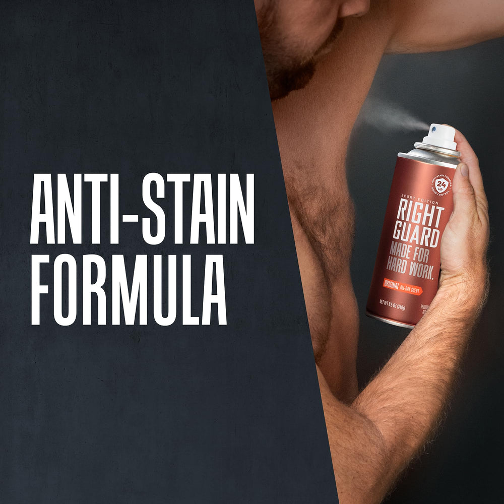 Right Guard Sport Original deodorant spray provides 24-hour odor control during active days.