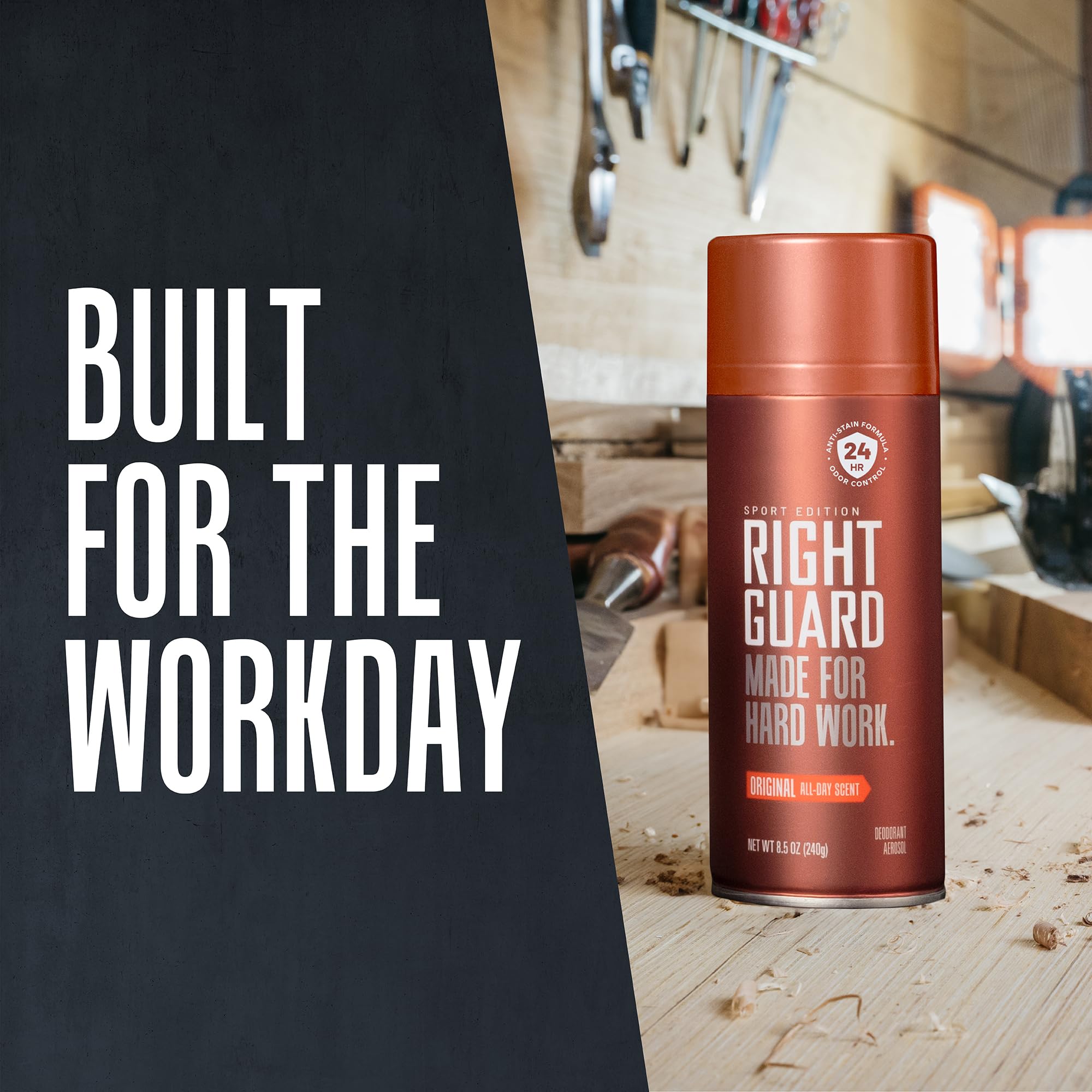 Right Guard Sport Original deodorant spray guards wardrobe against shirt stains.