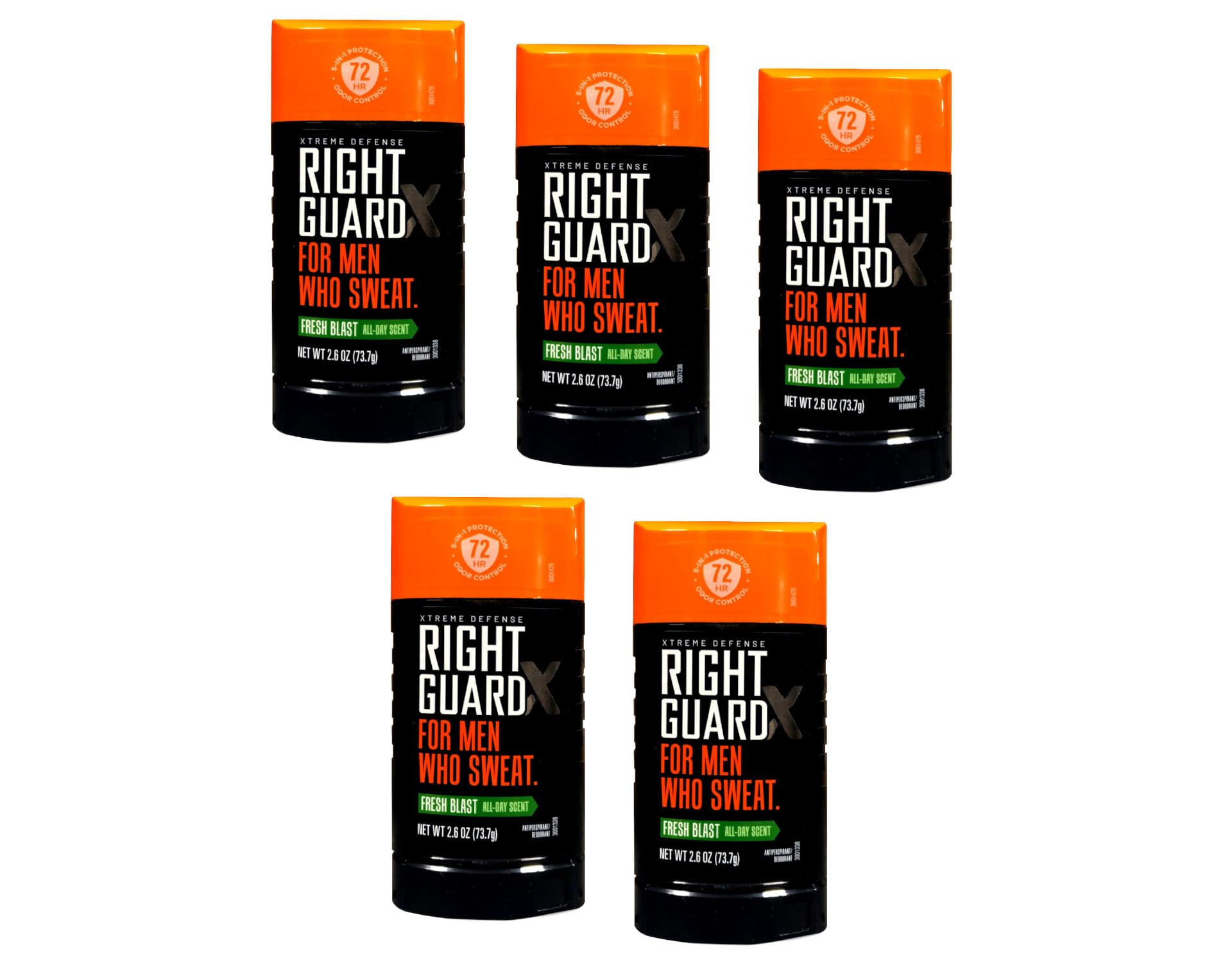 Right Guard Xtreme Defense 5 bottle side highlights sweat-blocking technology in action