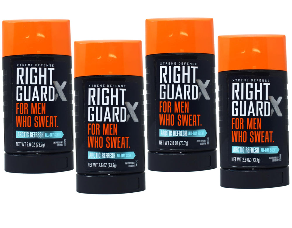 Right Guard Xtreme Defense Arctic Refresh bottle shown with all-day protection and refreshing scent.