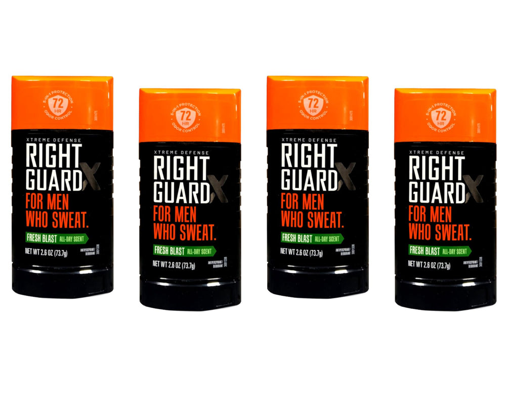 Right Guard Xtreme Defense Fresh Blast label highlighting 72-hour odor defense