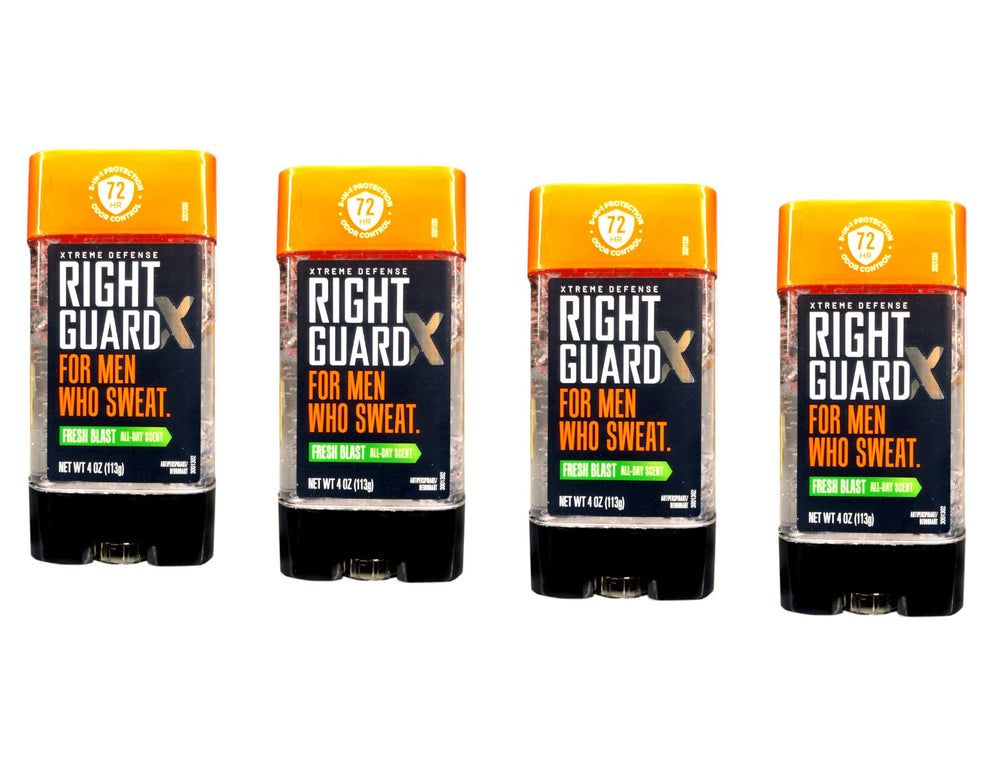 Close-up of Right Guard Xtreme Defense Gel Fresh Blast bottle for fast application.