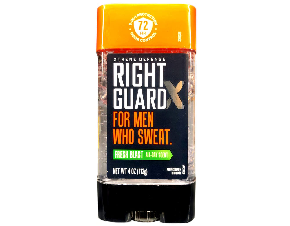 Right Guard Xtreme Defense Gel Fresh Blast 4-pack bottles for all-day freshness.