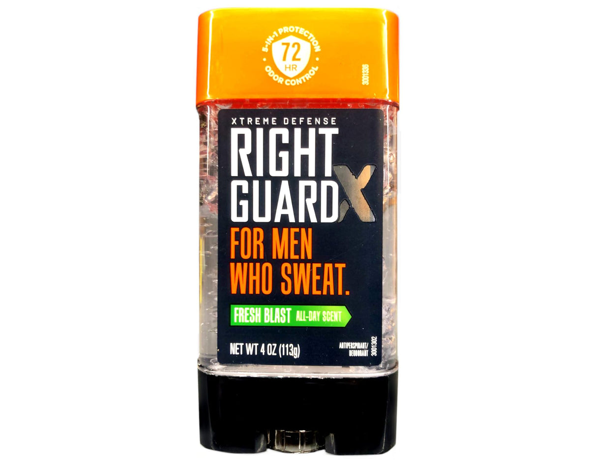 Right Guard Xtreme Defense Gel Fresh Blast 4-pack bottles for all-day freshness.