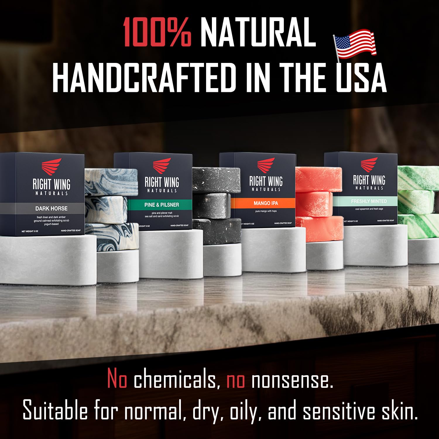 Right Wing Naturals handcrafted cold-pressed soap bars deliver gentle moisture.