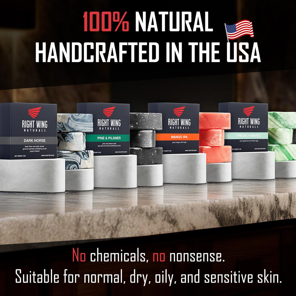 Right Wing Naturals handcrafted cold-pressed soap bars deliver gentle moisture.