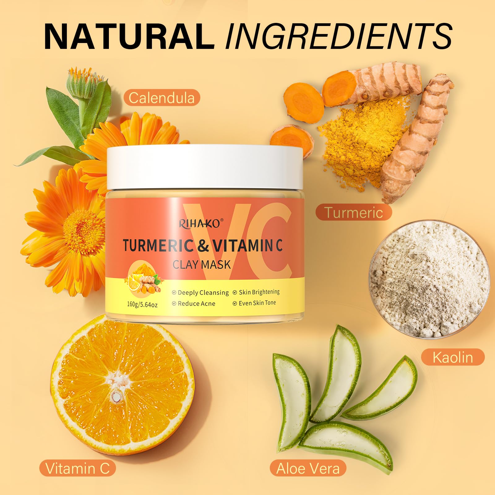 RIHAKO turmeric vitamin C clay mask jar close-up showing creamy texture for smooth skin.