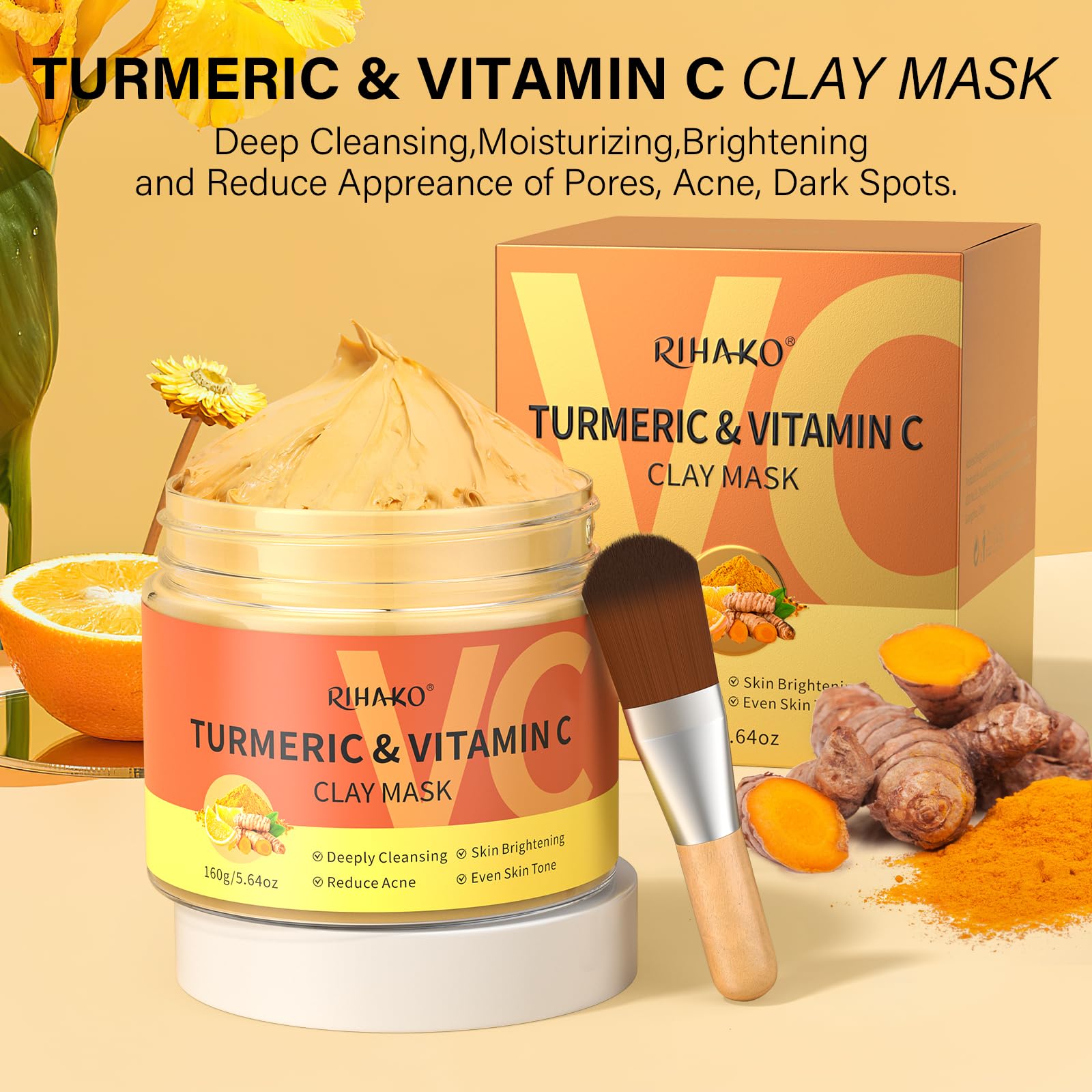 RIHAKO turmeric vitamin C clay mask close-up of refined pores during treatment.