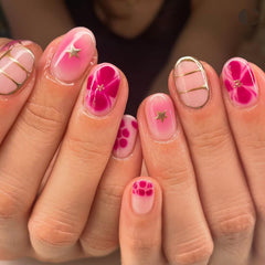 RIICFDD almond press-on nails with gold lines on pink glossy nails for chic daily wear