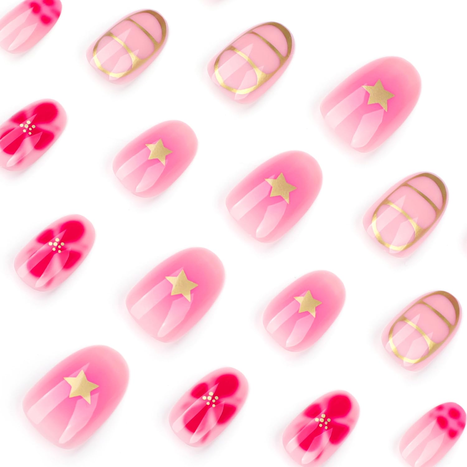 RIICFDD almond press-on nails featuring summer patterns in pink for vibrant looks