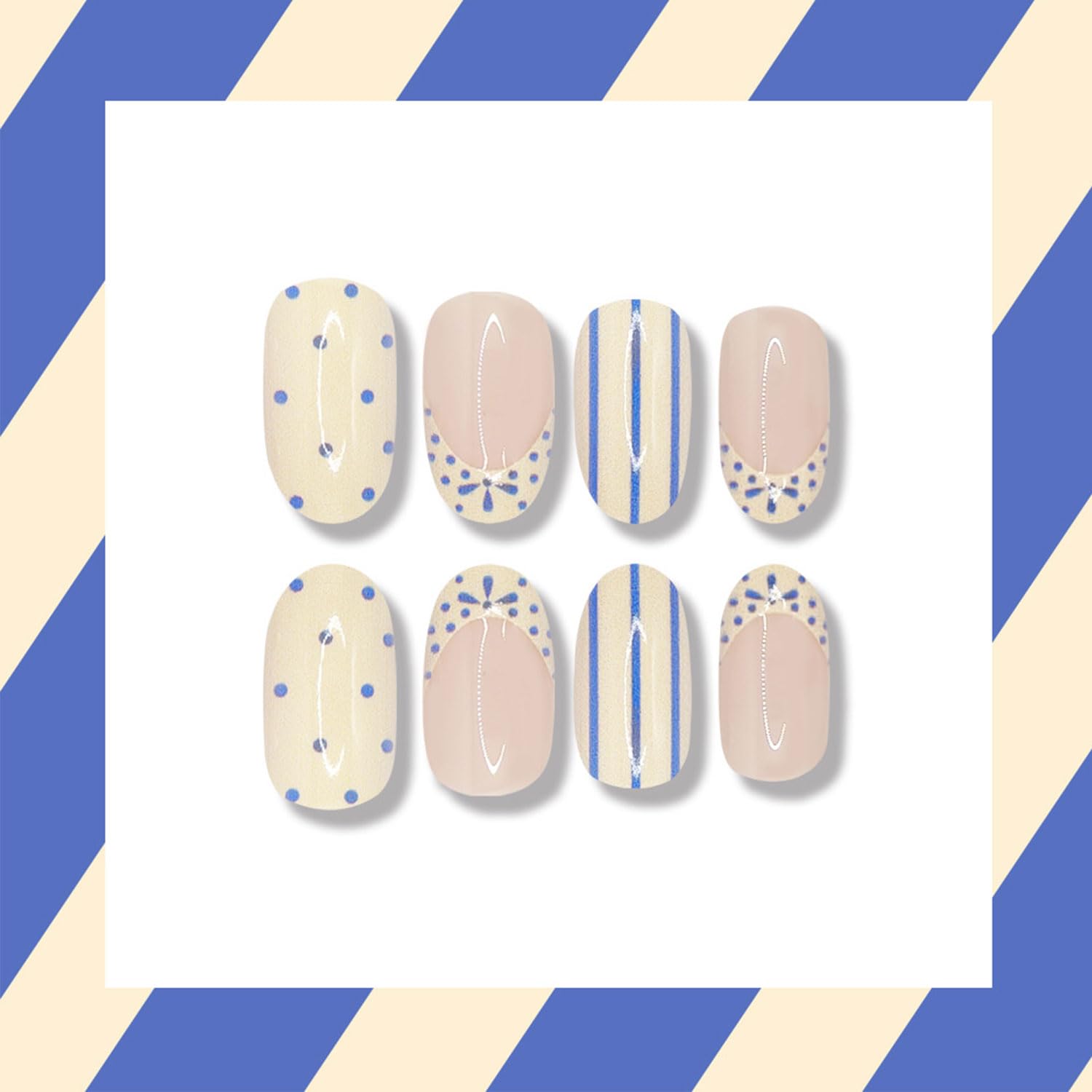 RIICFDD blue cream yellow dots design nails for fun accents
