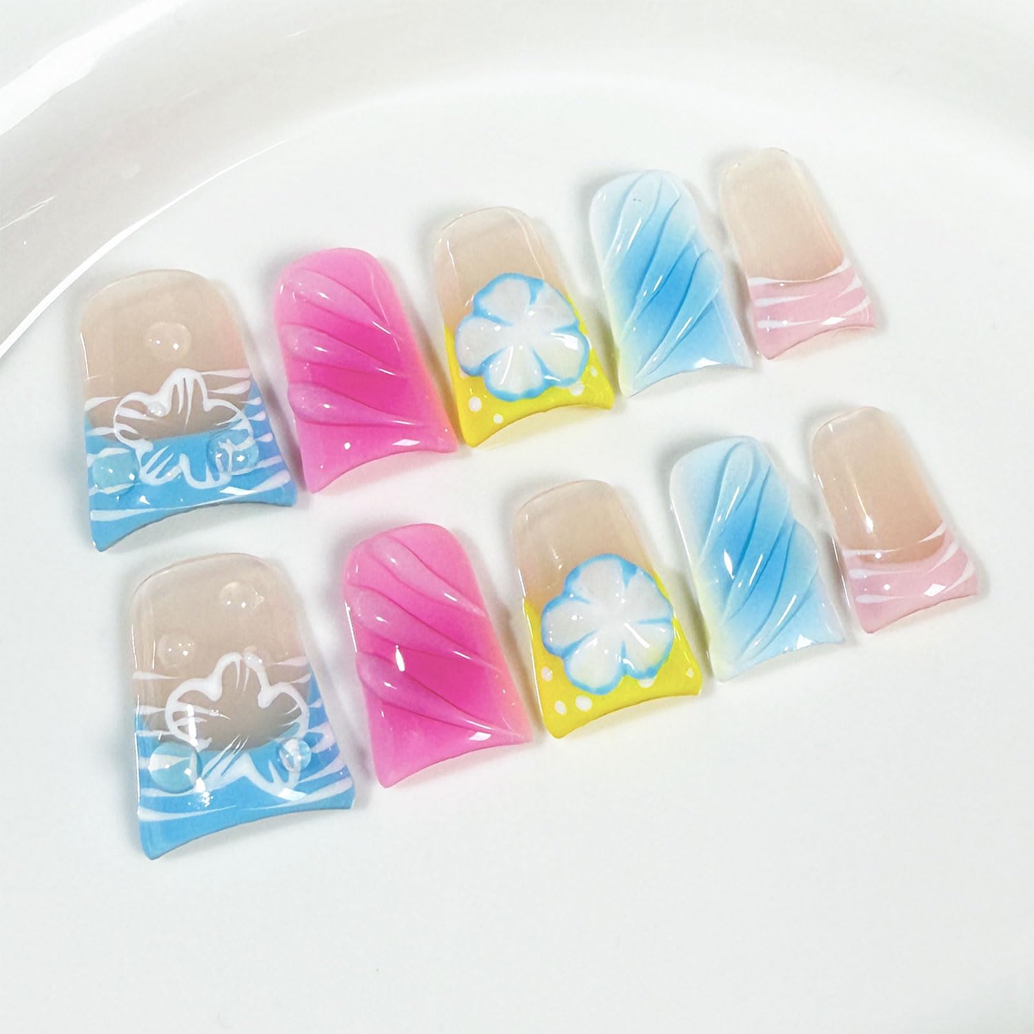 RIICFDD blue French press-on nails with medium duck nails and glue kit for quick, durable manicures.