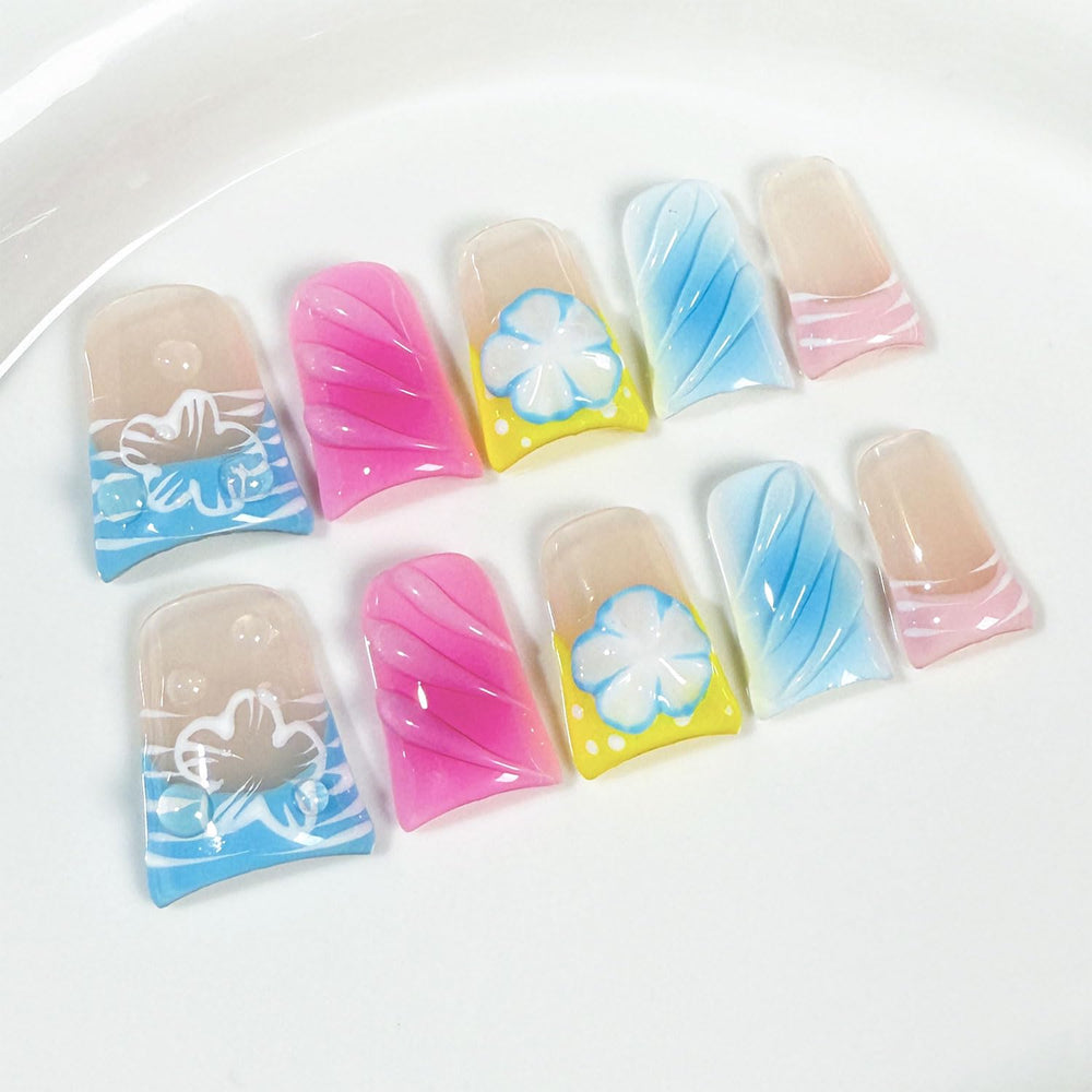 RIICFDD blue French press-on nails with medium duck nails and glue kit for quick, durable manicures.
