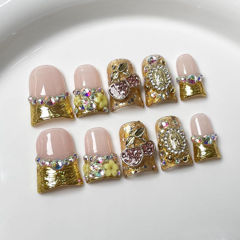RIICFDD duck nails with 3D cherry flowers and rhinestones for chic occasions