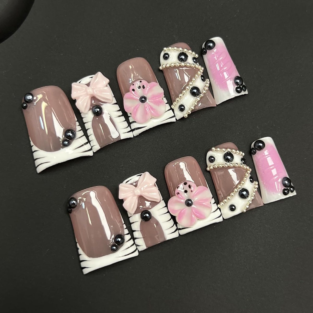 RIICFDD duck press-on nails with 3D flower design for elegant manicures