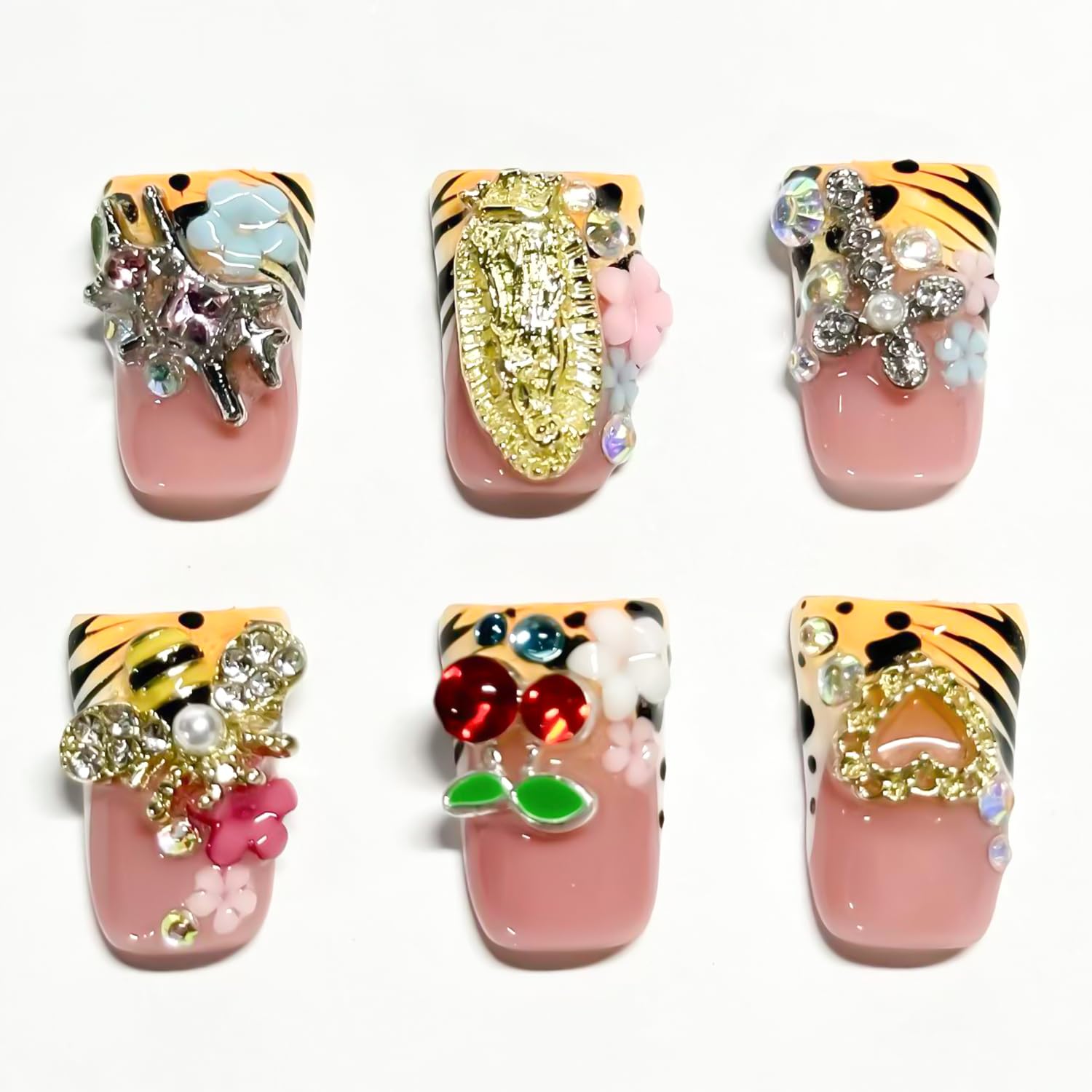 RIICFDD duck press-on nails with cherry design for chic, quick glam.