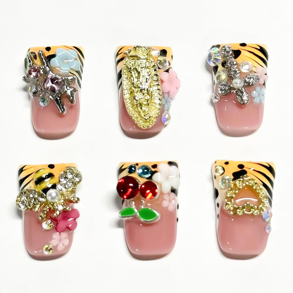 RIICFDD duck press-on nails with cherry design for chic, quick glam.