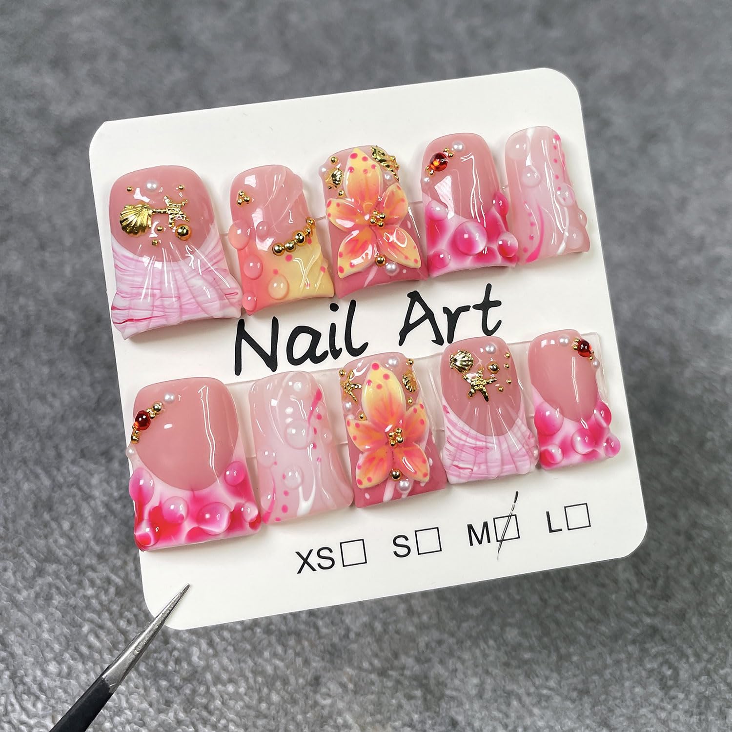 RIICFDD Duck Press On Nails with golden shell and starfish accents for standout look