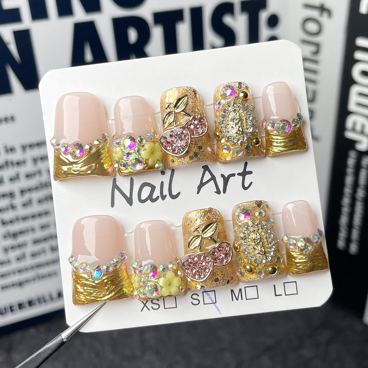 RIICFDD French tip duck nails with glam pattern for effortless style