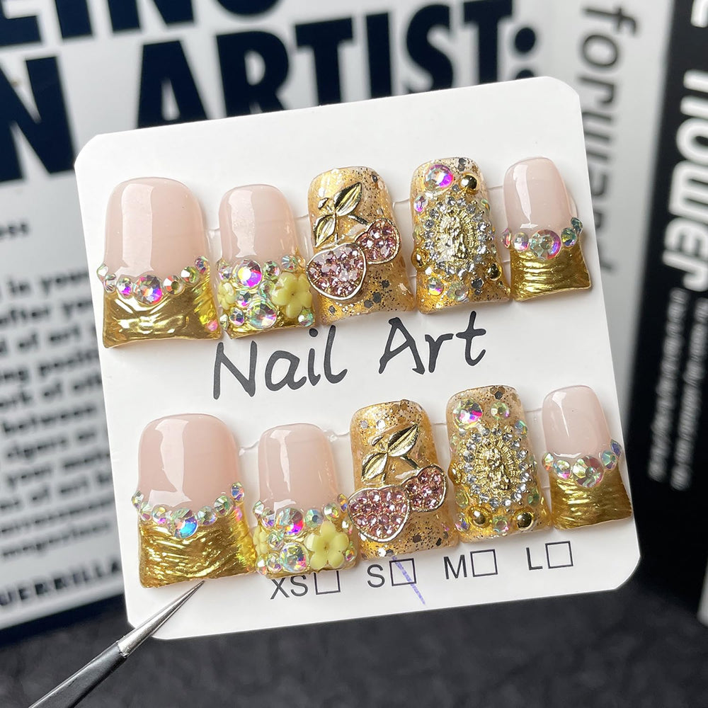 RIICFDD French tip duck nails with glam pattern for effortless style