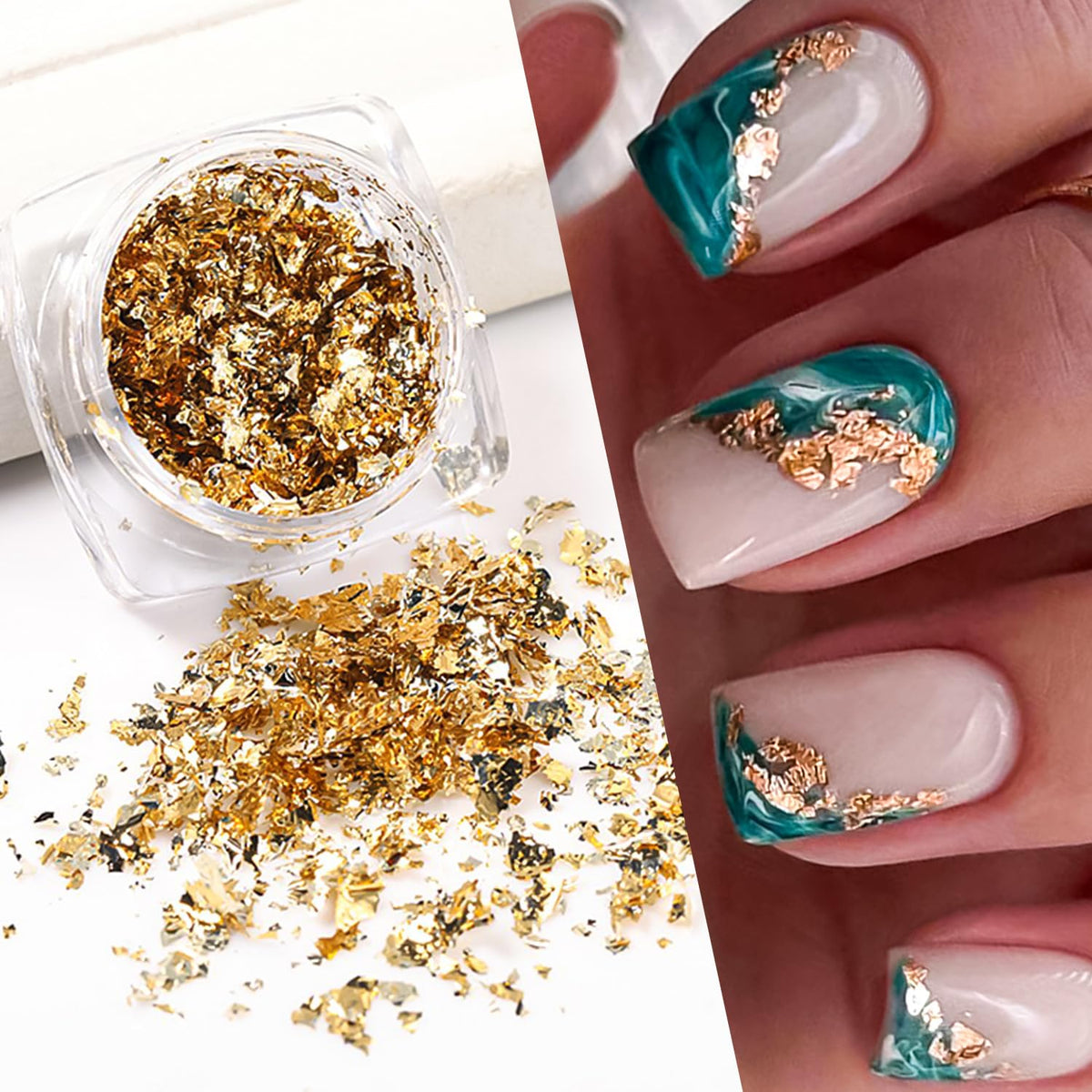 RIICFDD gold foil nail art packaging showcases a shimmering, versatile base for manicure ideas.