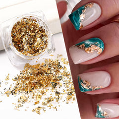 RIICFDD gold foil nail art packaging showcases a shimmering, versatile base for manicure ideas.