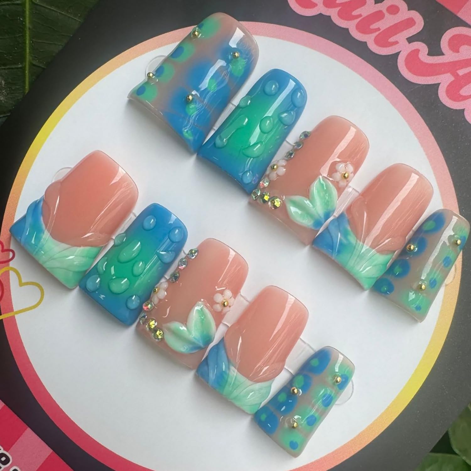 RIICFDD handmade duck press nails with 3D flower rhinestones for dramatic manicure