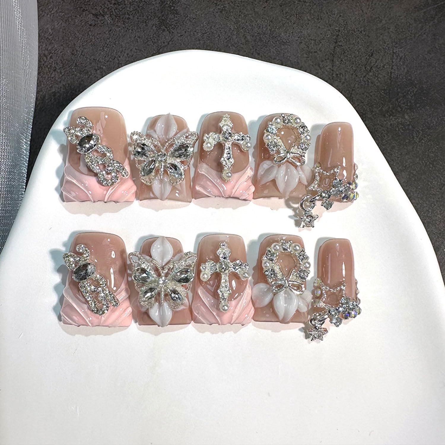 RIICFDD luxury duck press-on nails with butterfly rhinestones for a salon-quality look