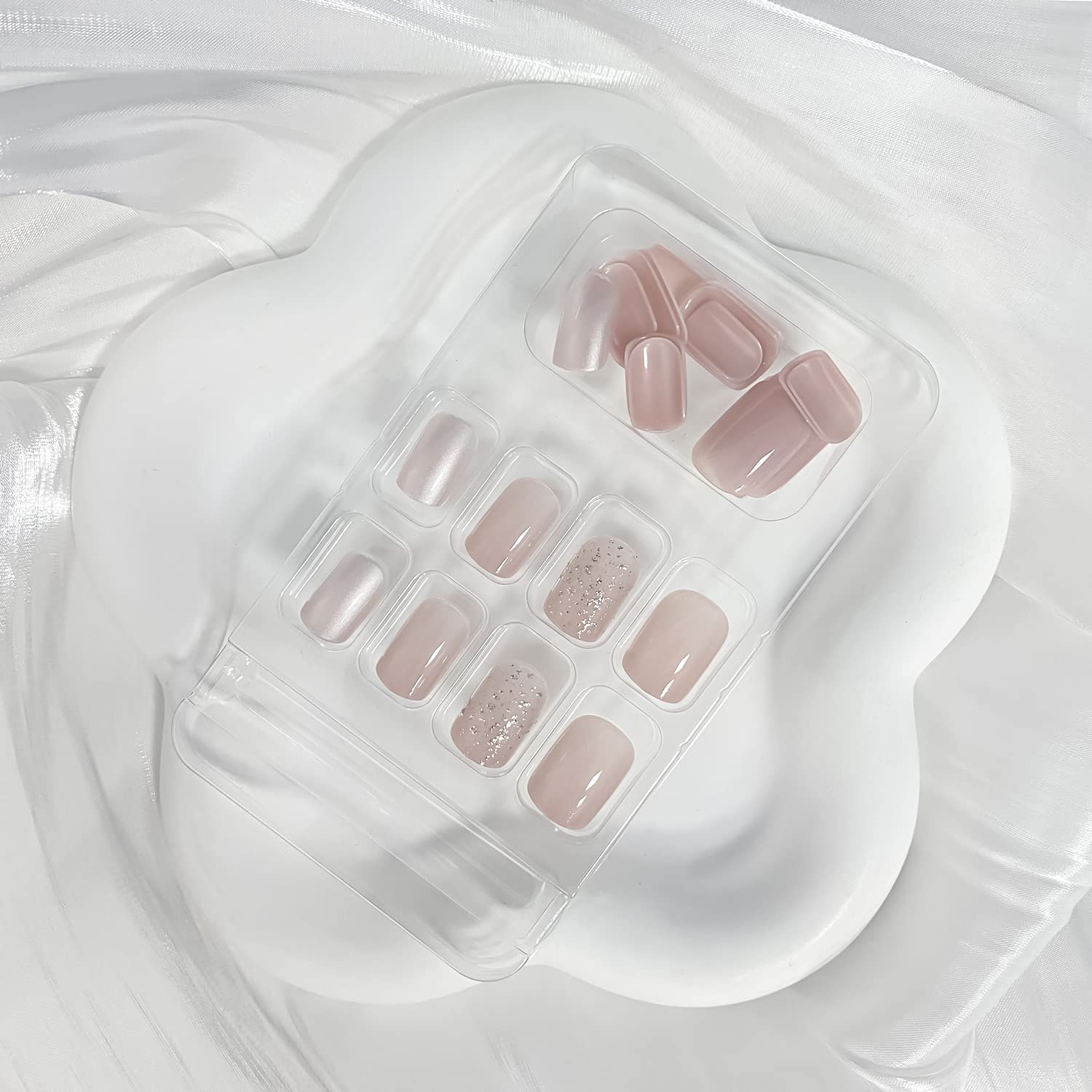 RIICFDD short square nails with glossy nude pink for daily wear