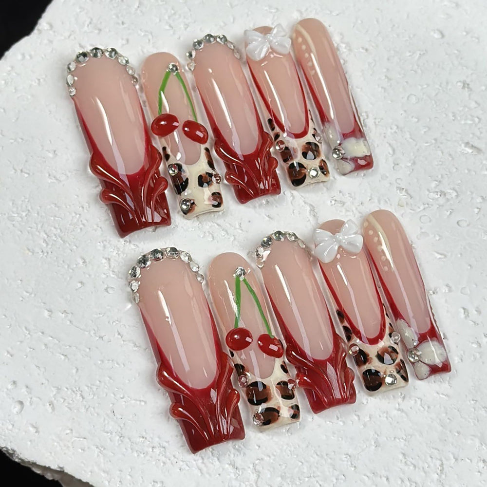 RIICFDD square nails with cherries showcase cute accent nails.