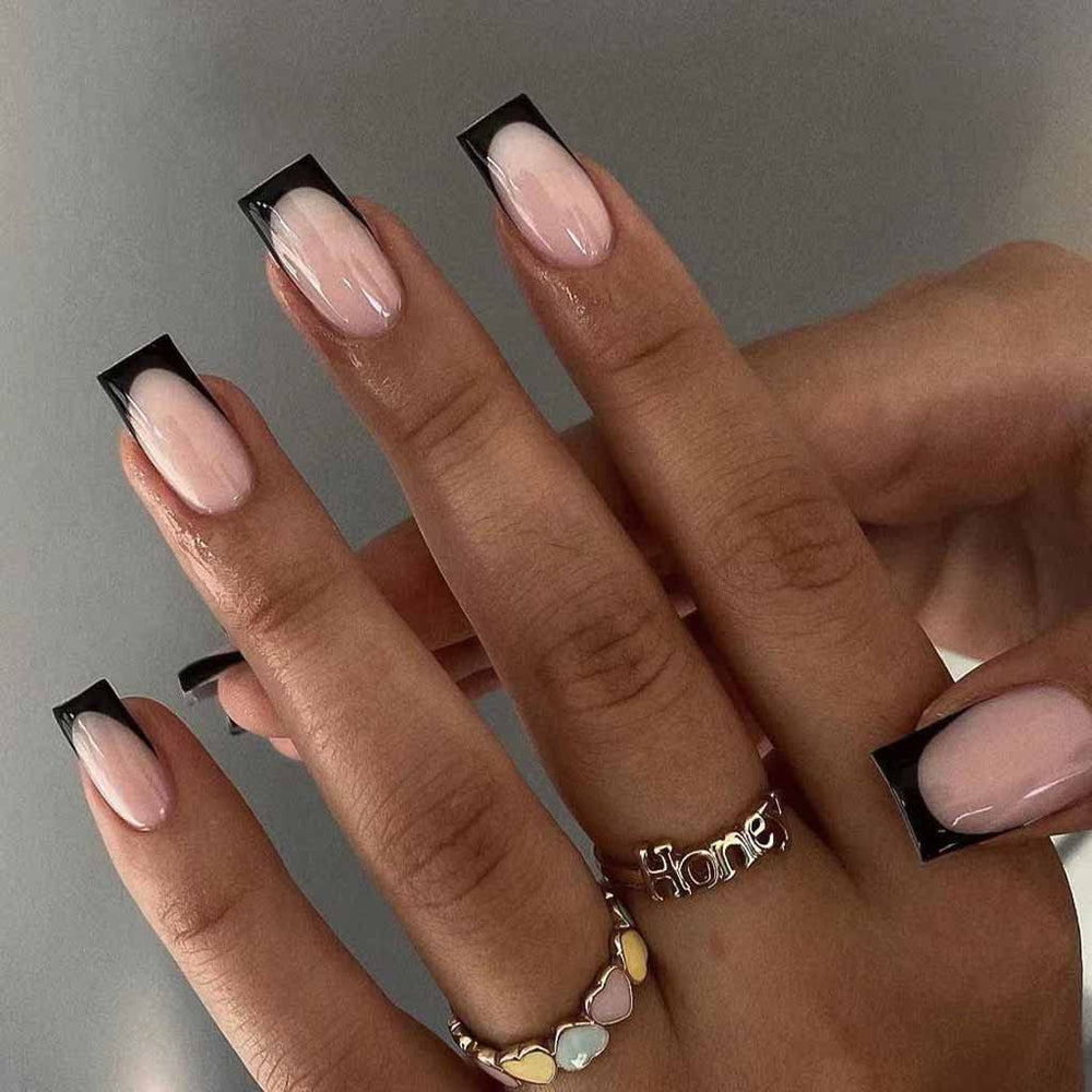 RikView French Tip press-on nails in black square shape, medium for salon-like style.