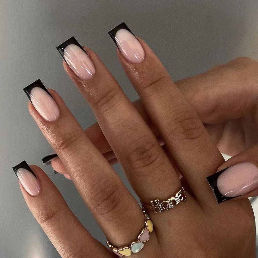 RikView French Tip press-on nails in black square shape, medium for salon-like style.