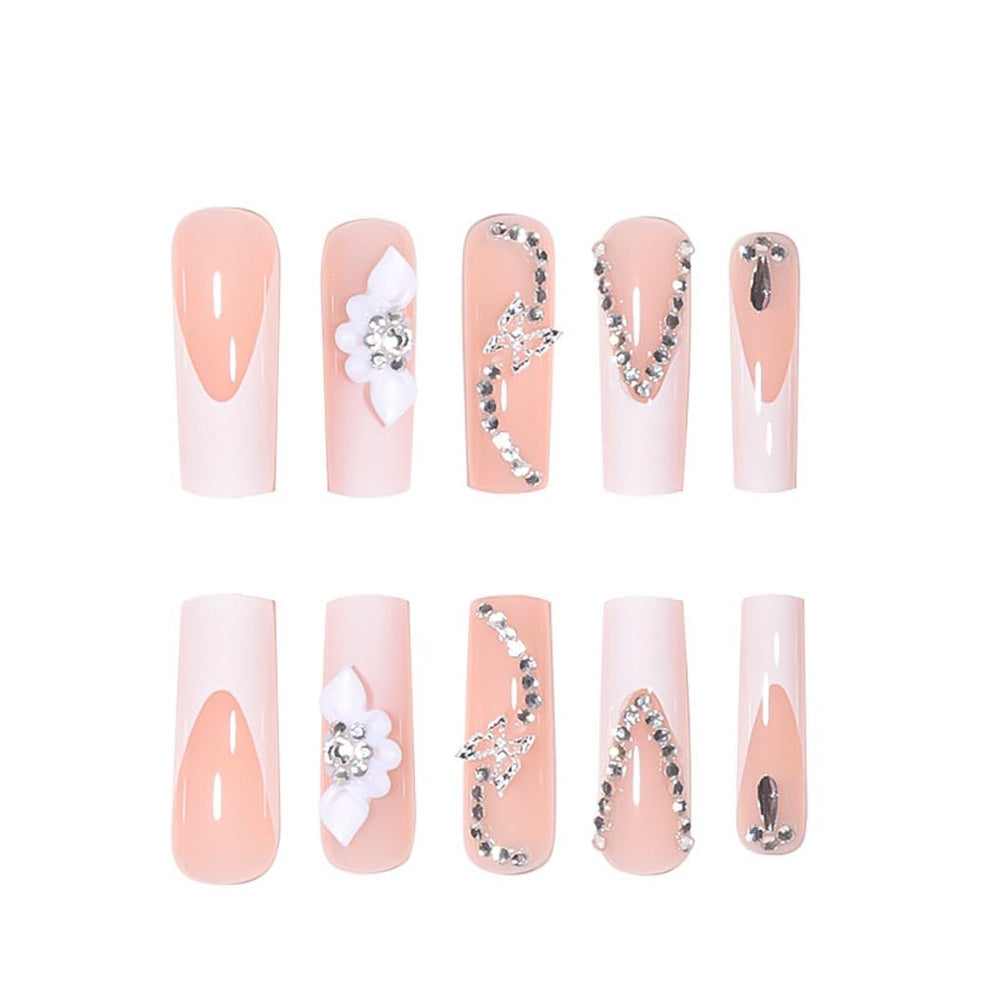 RikView long glossy nails with 3D flowers, ideal for parties and events