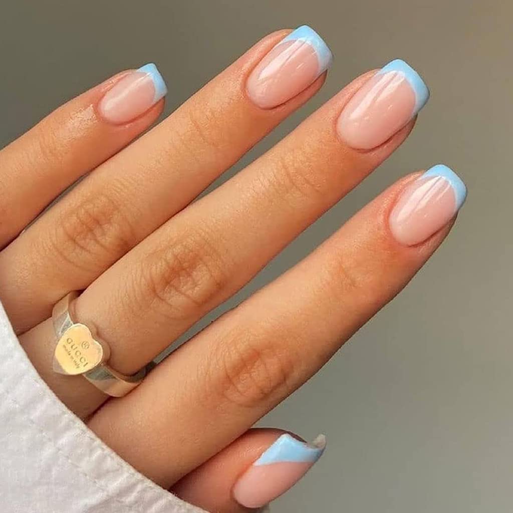 RikView press-on nails in blue glossy oval tips for salon-style at-home manicure