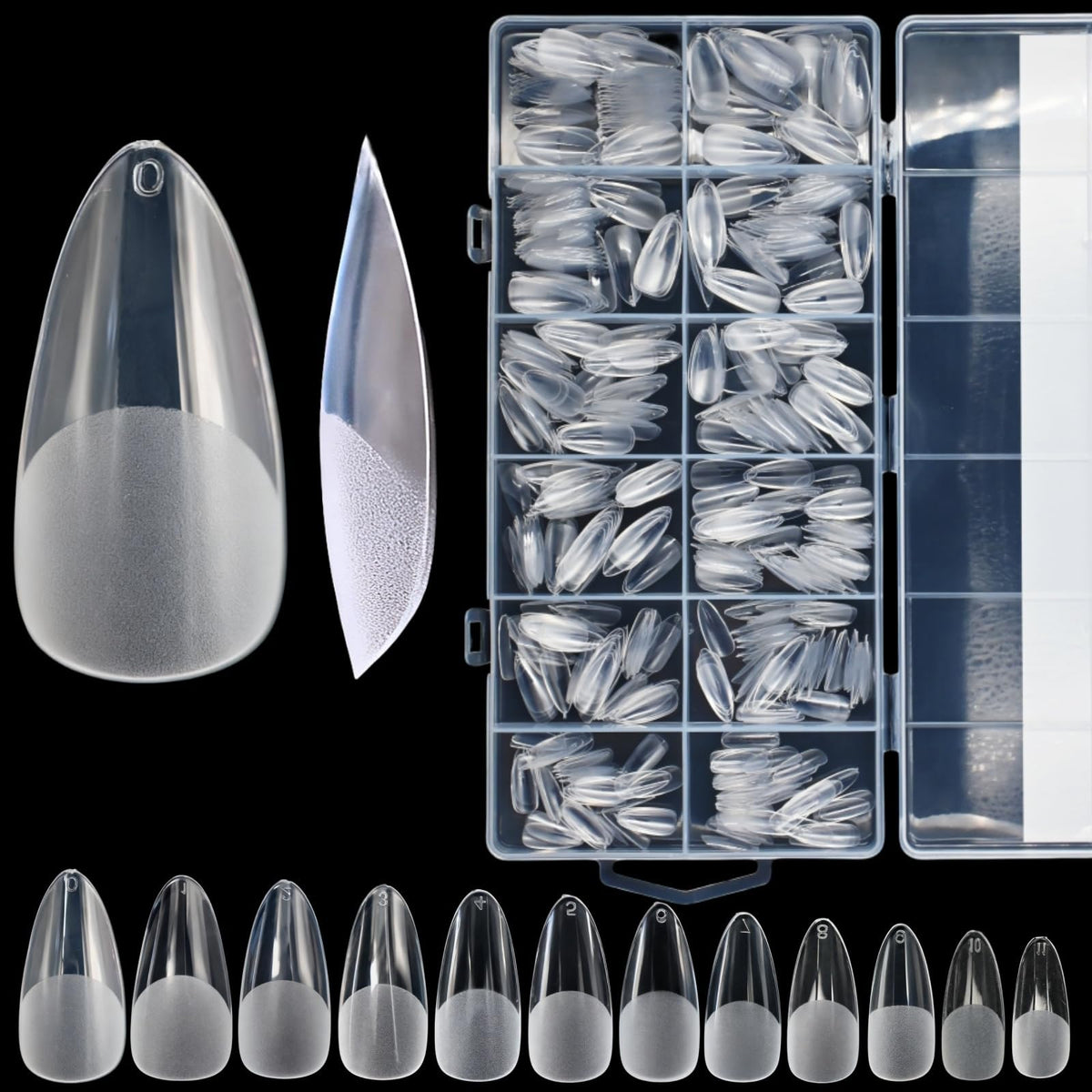 RIKWOG short almond gel nail tips in a 600-piece package for at-home use