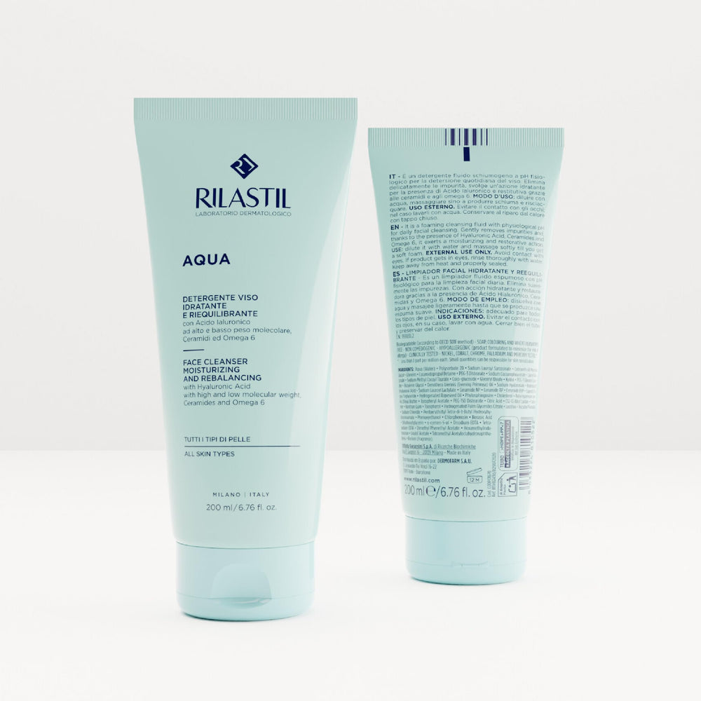 Close-up of foam application with Rilastil Aqua Face Cleanser for impurity removal.