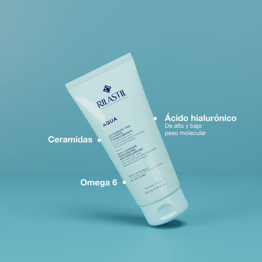 Highlight of hyaluronic acid components in Rilastil Aqua Face Cleanser.