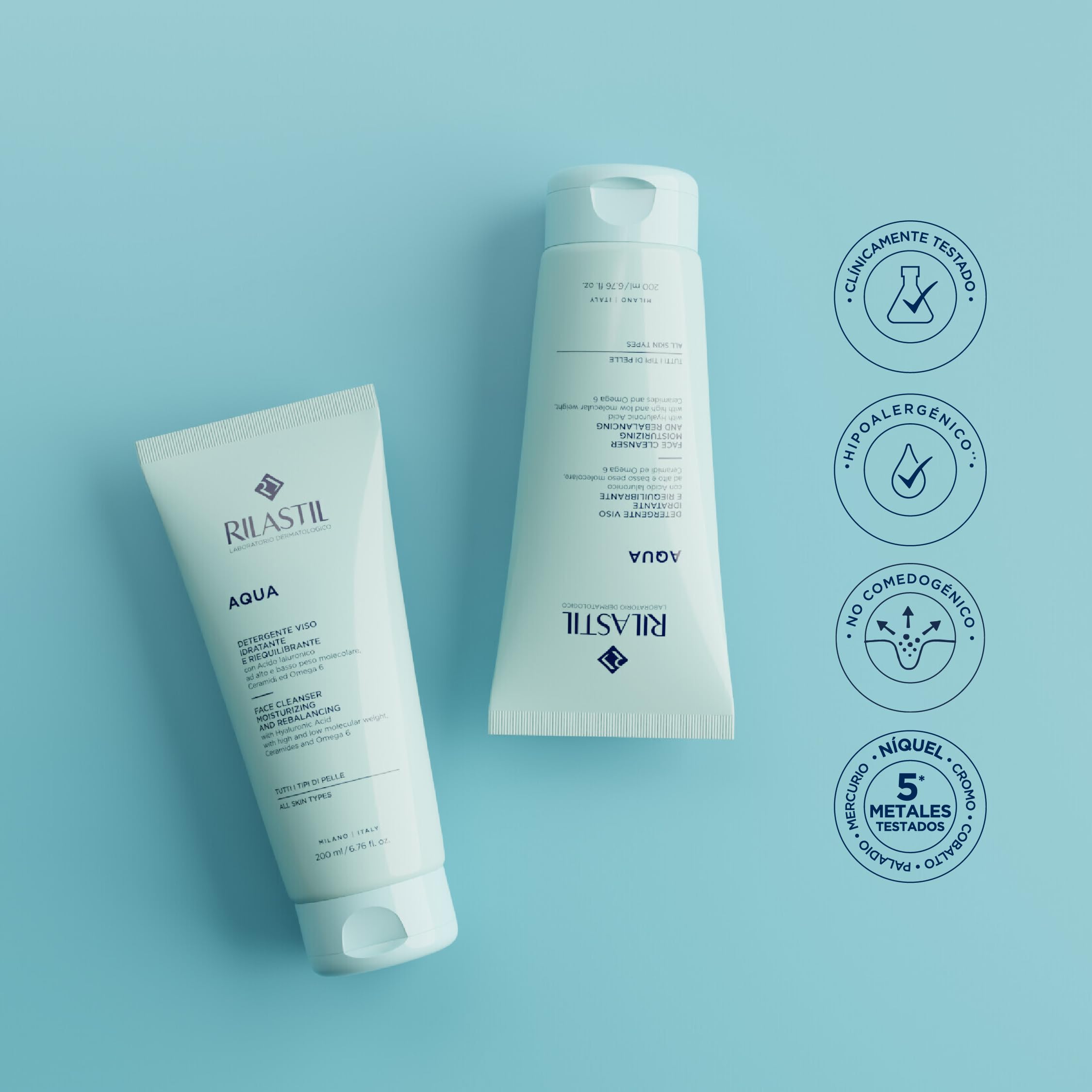 200 ml packaging of Rilastil Aqua Face Cleanser on shelf.