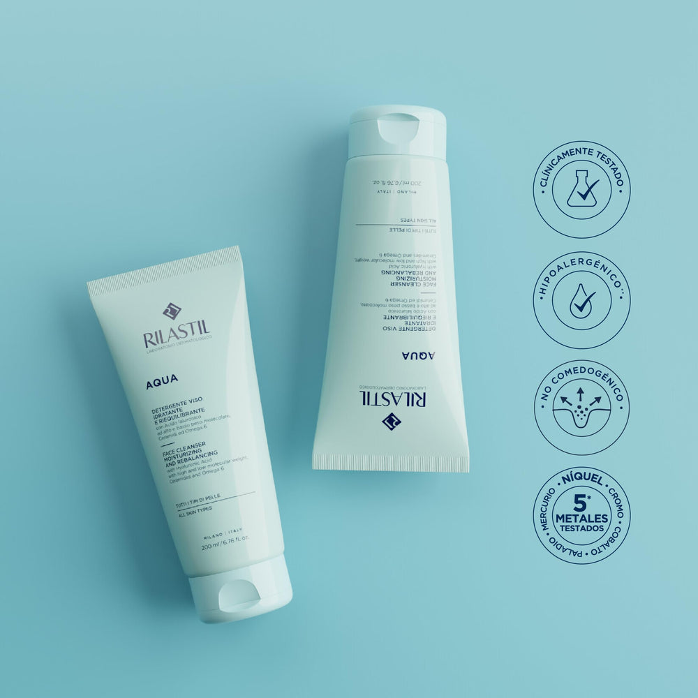 200 ml packaging of Rilastil Aqua Face Cleanser on shelf.