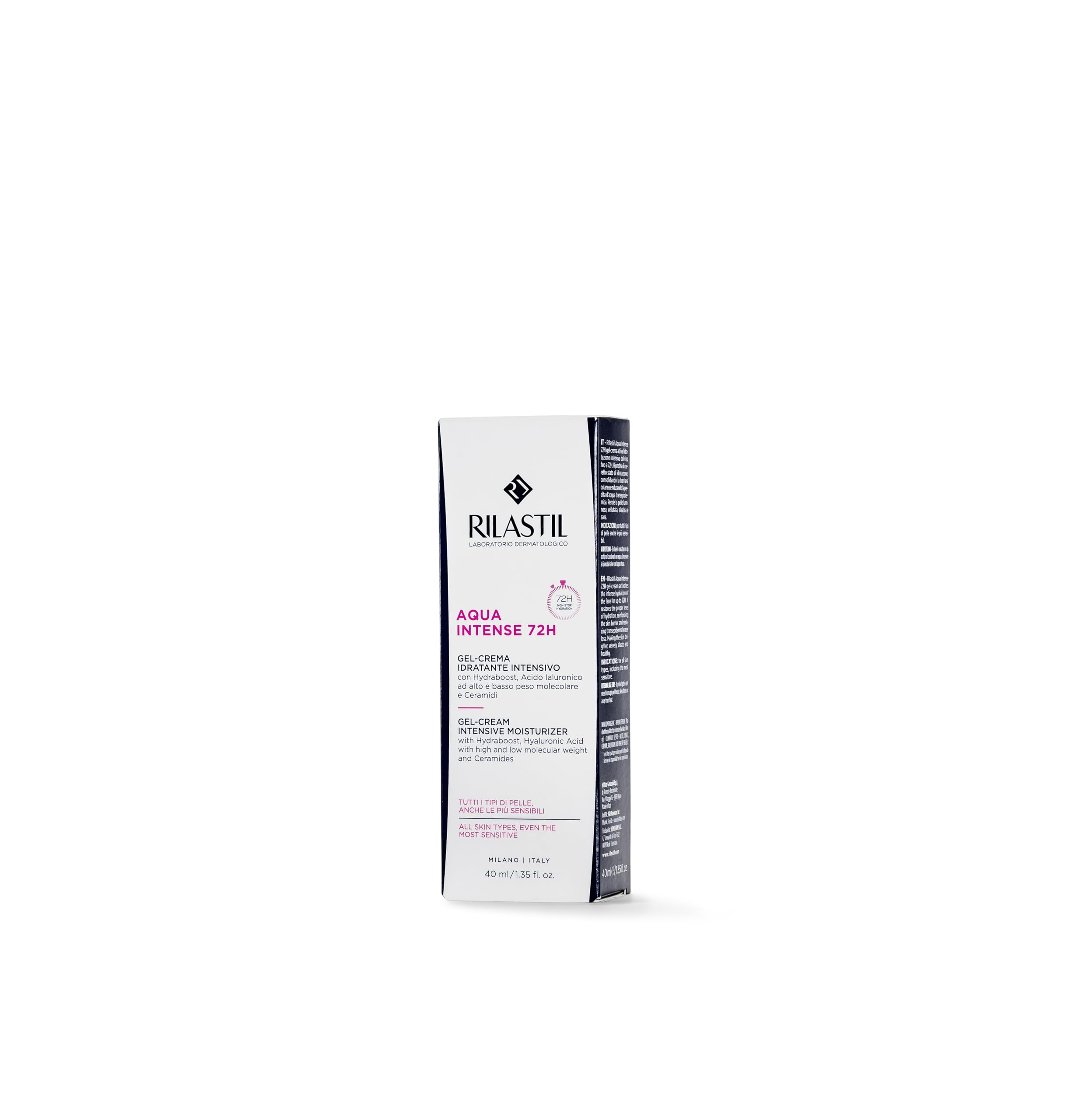 Rilastil Aqua Intense 72H gel-cream applying on skin demonstrates smooth absorption.