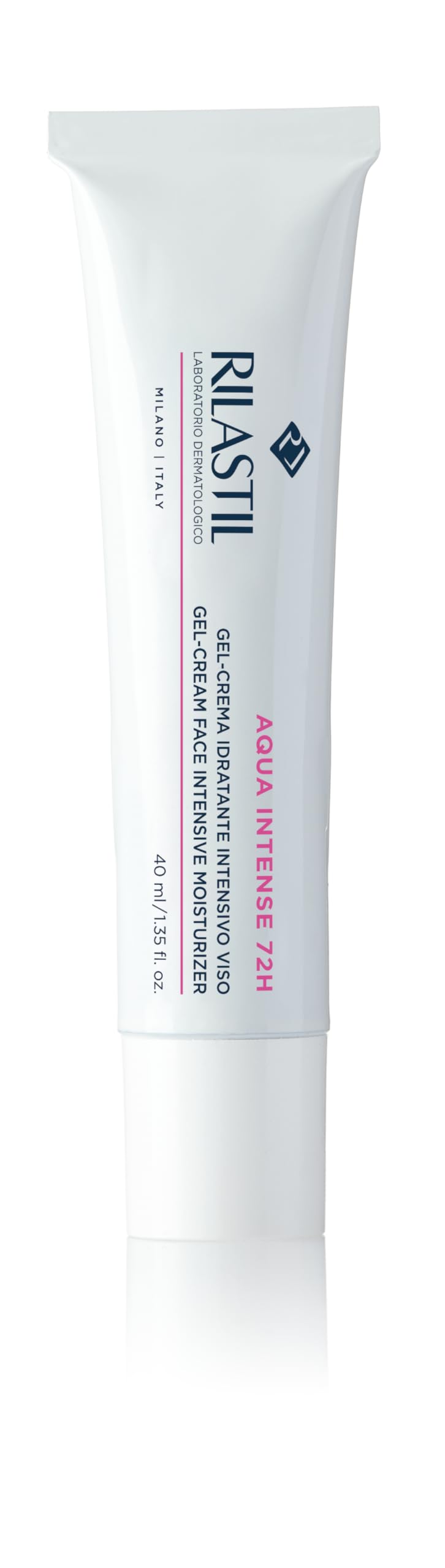 Rilastil Aqua Intense 72H gel-cream jar delivers lasting hydration for radiant skin.