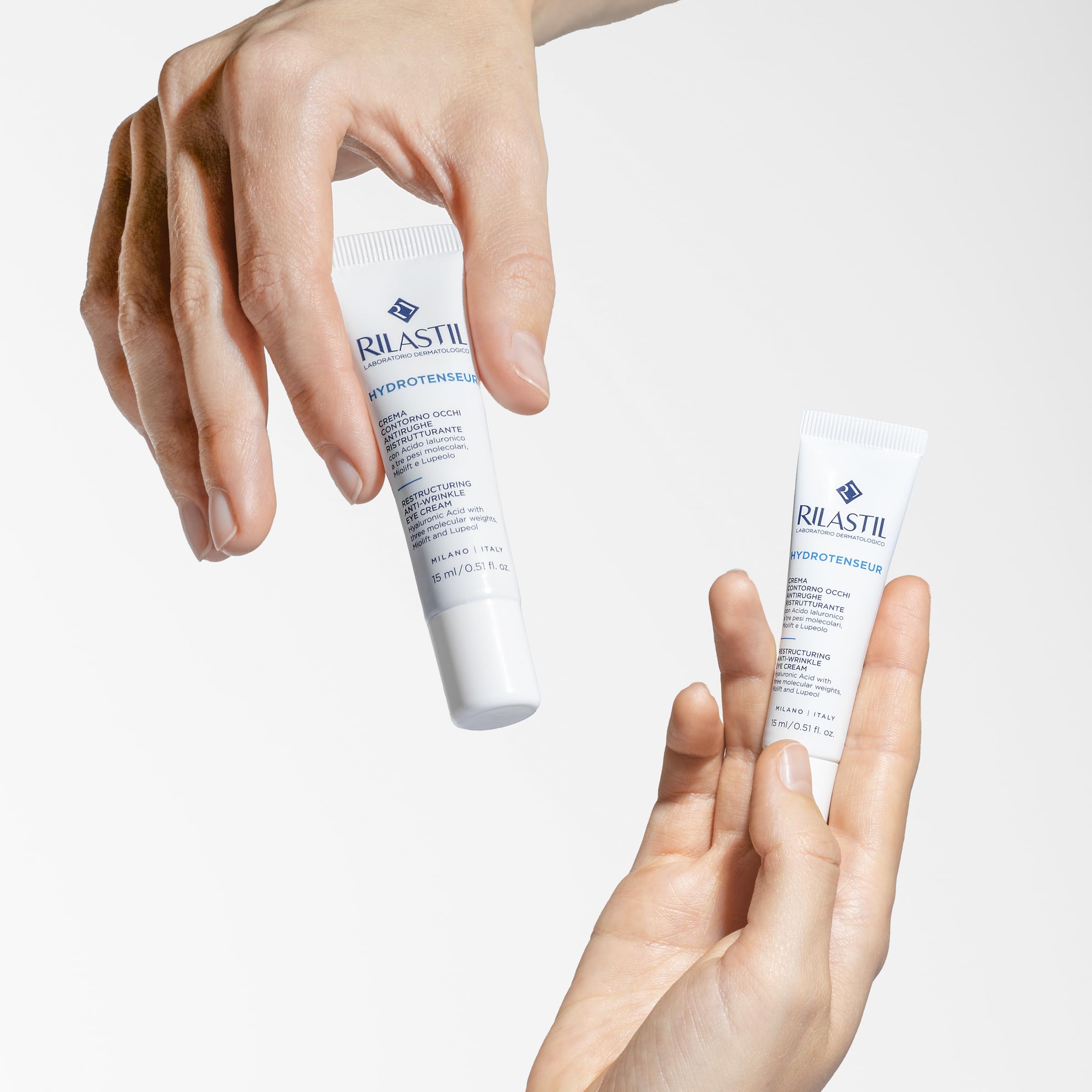 Rilastil Hydrotenseur eye contour cream packaging emphasizes compact travel friendly design