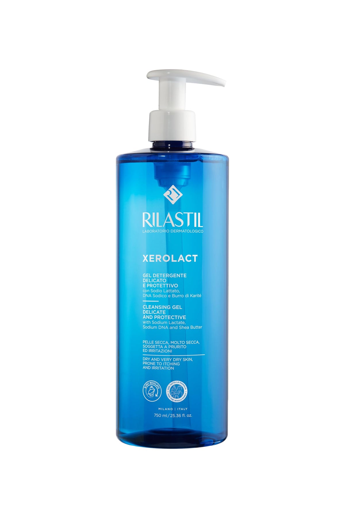 Rilastil Xerolact bottle front showing a gentle soap-free cleanse for dry skin.