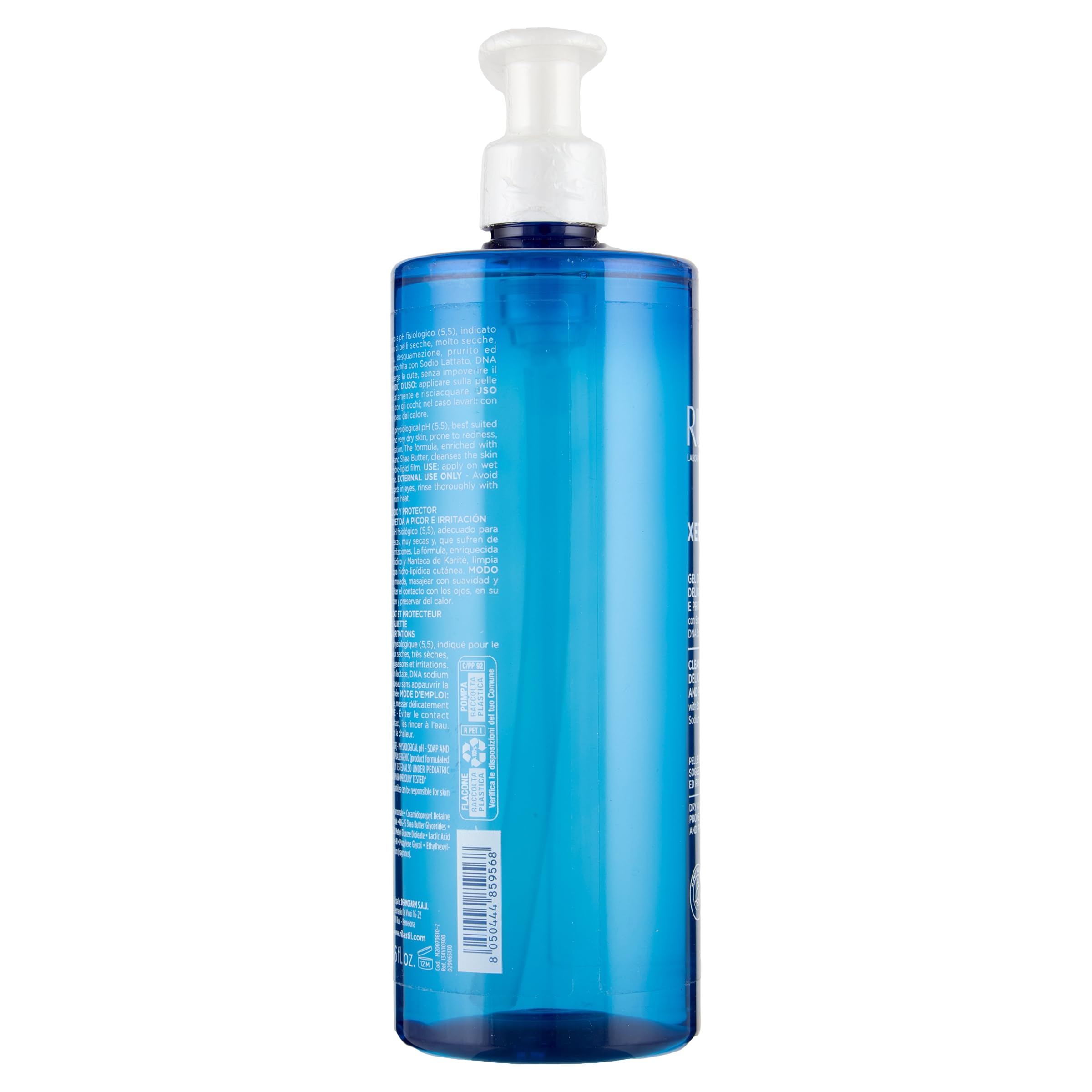 Rilastil Xerolact label detail highlights pH-balanced, gentle formula.