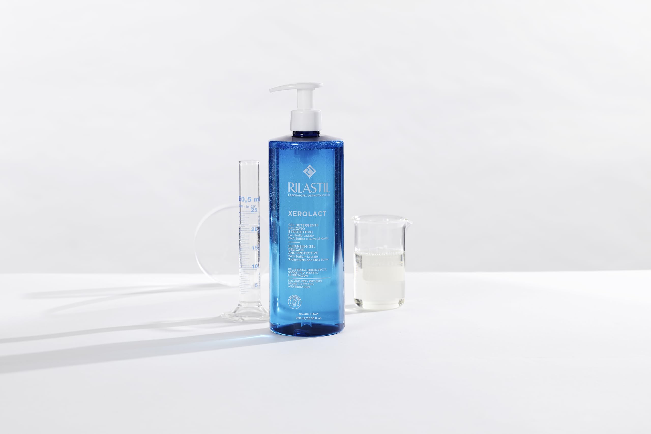 Rilastil Xerolact pump-dispense demonstrates easy, controlled application during bath.