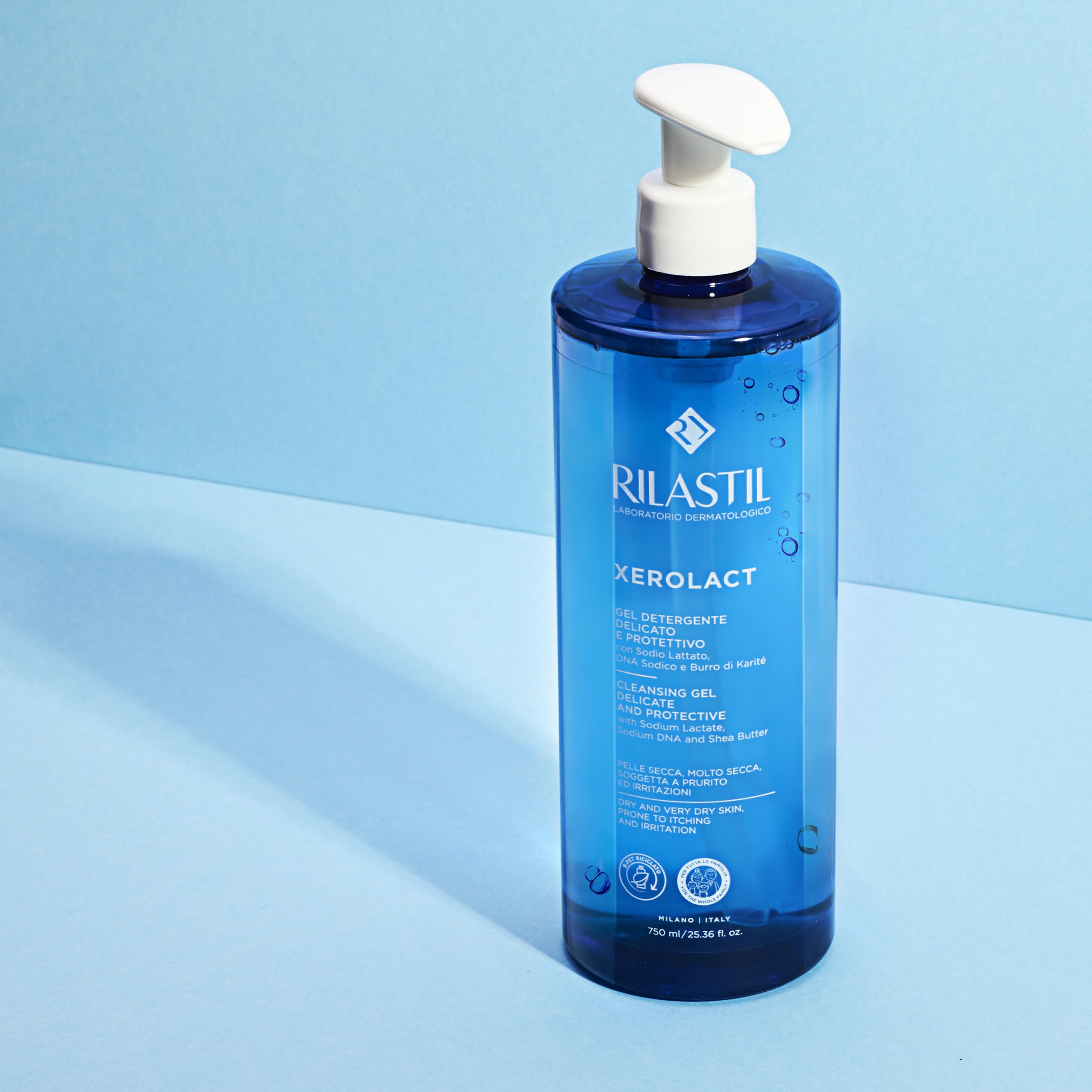 Rilastil Xerolact texture close-up highlights a delicate gel for irritated skin.